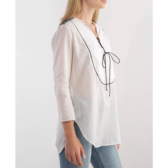 Theory White Black Cotton Lawn Jalinnie Popover Tunic V Neck Top Size Medium - Picture 6 of 14